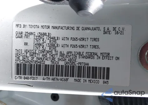 2022 Toyota Tacoma Sr V6/Sr5 V6/Trd Off Road/Trd Pro/Trd Sport z USA, uszkodzony, nr VIN 3TYCZ5AN2NT054032